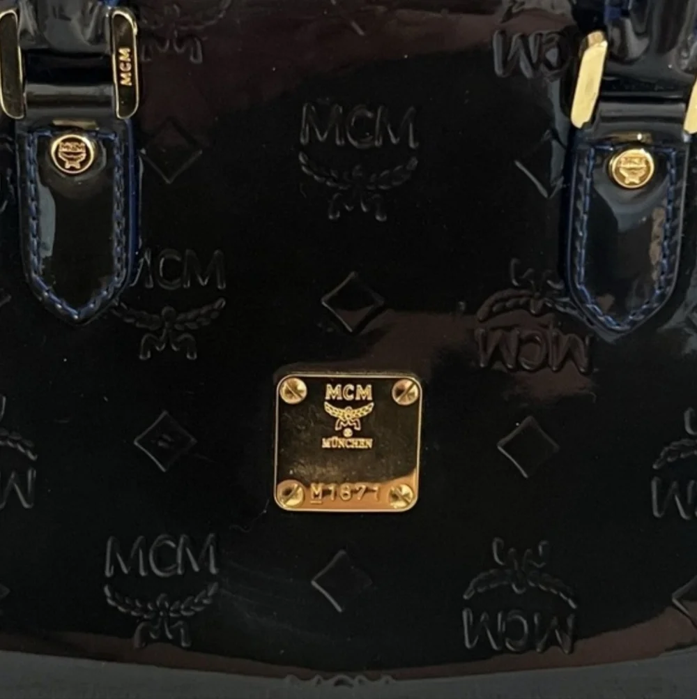 MCM Mini Boston Dark Green Navy Patent Leather Handbag